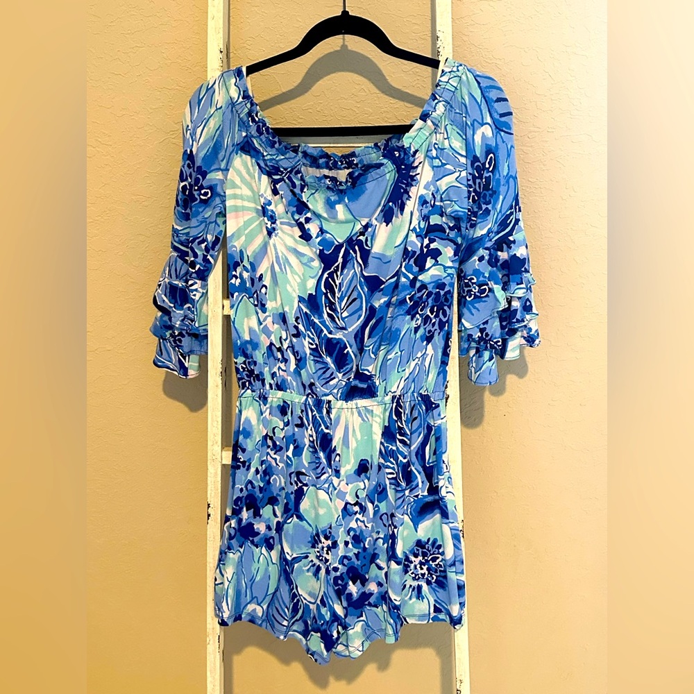 Lilly Pulitzer 💙 CALLA OFF-THE-SHOULDER ROMPER 💙 Coastal Blue Catch N Keep 
S